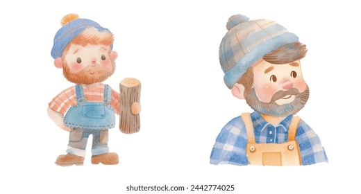 lumberjack cartoon watercolor vector illustration 