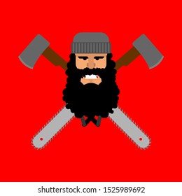 Lumberjack and chainsaw and ax logo. woodcutter sign vector illustration