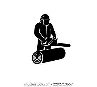 Lumberjack with chainsaw felling trees, silhouette and graphic design. Woodcutter or lumberman sawing with a chainsaw on sawmill or forest, vector design and illustration