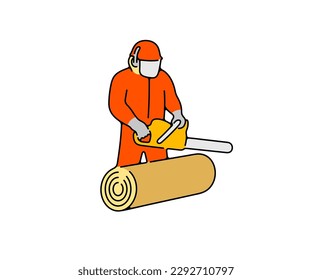 Lumberjack mit einer Kettensäge, mit Bäumen, Silhouette und grafischem Design. Holzschneider- oder Lumbermsägen mit einer Kettensäge auf Sägewerken oder Wäldern, Vektordesign und Illustration