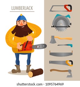 Lumberjack with a chainsaw in his hands. Vector set of tools for cutting trees.
