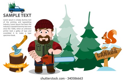 Lumberjack with chainsaw, infographics 