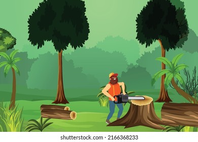 lumberjack with a chainsaw inside a jungle cutting trees. Woodcutter inside a dense jungle with electric chainsaw vector. lumberjack sawing tree trunk vector for the logging industry advertisement.