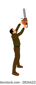 Lumberjack with chainsaw vector illustration isolated on white background. woodpecker on duty. Logger worker. Lumberman in action. Woodcutter vector. Man with saw. Forester industrial work in wood.
