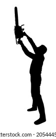 Lumberjack with chainsaw vector silhouette illustration isolated on white. Woodpecker on duty. Logger worker. Lumberman in action. Woodcutter man with saw. Forester worker. Industrial wood work