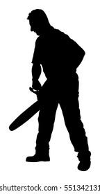 Lumberjack with chainsaw vector silhouette on white background. woodpecker on duty. Logger worker. Lumberman in action. Woodcutter vector. Man with saw. Forester worker. Industrial work in wood.