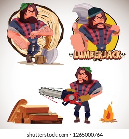 lumberjack character in  action set. logo of carpenter - vector illustration