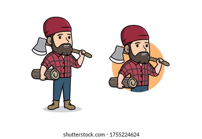 Lumberjack character with axe and downed log for logo design concept. Mascot cartoon logo. Retro modern vector illustration