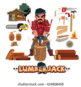 Lumberjack character design with tool set. lumberjack chopping wood with axe and come with typographic design. profession concept - vector illustration