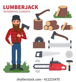 Lumberjack character with lumberjack tools. Vector Infographic elements. 