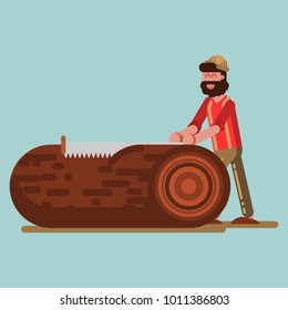 Lumberjack chopping the tree with saw