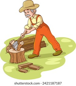 Lumberjack chopping wood with an axe colorful character vector Illustration