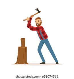 Lumberjack chopping wood with an axe colorful character vector Illustration