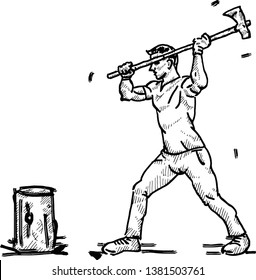 A lumberjack chopping wood with an axe. Hand drawn vector illustration. 