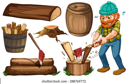 Lumberjack chopping woods and other items of wood