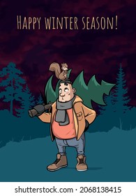 Lumberjack with a Christmas Tree Fir in the Woods Winter Season Greetings Card Vector Illustration