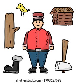 Lumberjack clipart pack. Brown wood. Yellow bird. Wooden hut. Black boot. Wood axe.