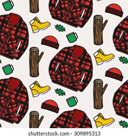 Lumberjack clothing. Hand-drawn seamless cartoon pattern with logging style.  Doodle drawing. Vector illustration. 