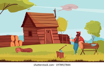 Lumberjack coffee break in front of log cabin house with piles sawn wood cartoon composition vector illustration