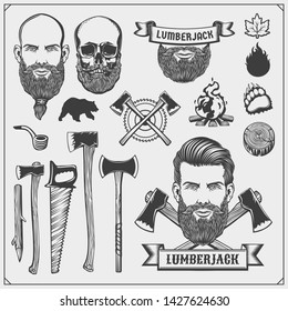 Lumberjack collection. Lumberjack characters and tools. Axes, saws and trees. Vintage style. Monochrome illustration.