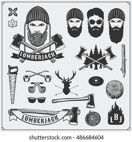 Colección Lumberjack. Caracteres y herramientas de suplantación de filas. Ejes, sierras y árboles. Estilo vintage. Ilustración monocroma.