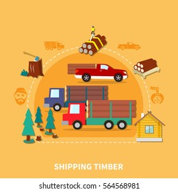 Lumberjack colored and flat composition with shipping timber description and steps from deforestation to production vector illustration