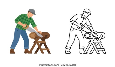Lumberjack With Crosscut Saw Flat Vector Illustration With Outline Version