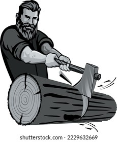 lumberjack cuts a tree with an ax chips fly. Black and white image on a white background. The background is excluded.
