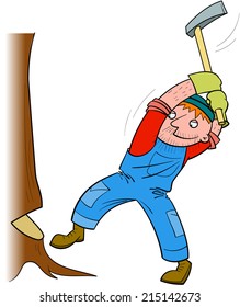 Lumberjack cuts a tree by axe