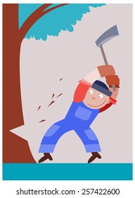 Lumberjack cuts a tree by axe