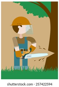 Lumberjack cuts a tree by chainsaw