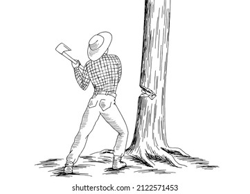 Lumberjack cuts a tree isolated graphic black white sketch illustration vector