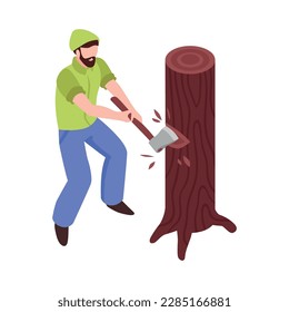 Lumberjack cutting down tree trunk with axe isometric icon 3d vector illustration