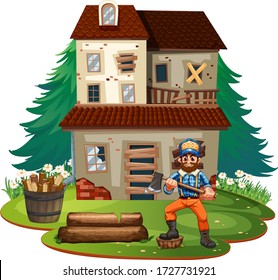 Lumberjack cutting wood in front of old house illustration