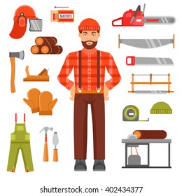 Lumberjack decorative flat icons set with avatar of woodcutter timber saws matches casque overall isolated vector illustration