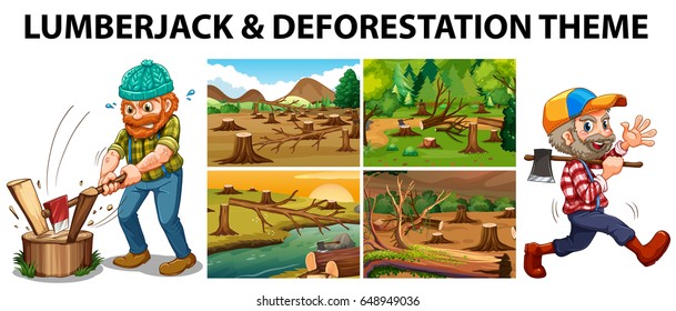 Lumberjack and deforestation scenes illustration