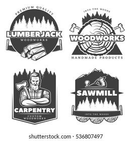 Lumberjack design elements set with four isolated sawmill labels with retro symbols of woods and carpentry vector illustration