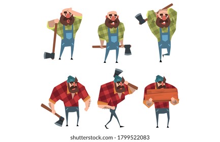 Lumberjack in Different Poses Set, Strong Woodcutter Cartoon Character Holding Axe in his Hands at Work Style Vector Illustration