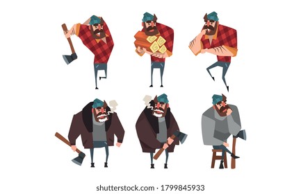 Lumberjack in Different Poses Set, Strong Woodcutter Cartoon Character Style Vector Illustration on White Background