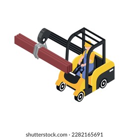 Lumberjack driving manipulator vehicle carrying wooden planks isometric icon 3d vector illustration