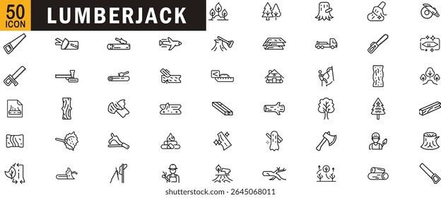 Lumberjack editable outline icon set. Logging, woodcutting, forestry, tools, timber, firewood and more.
