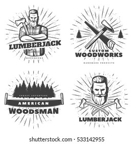 Lumberjack emblem designs set with isolated old style compositions of sunburst and drawn tools trees characters vector illustration