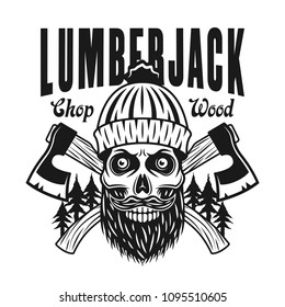 Lumberjack emblem or shirt print with bearded skull in hat and two crossed axes vector monochrome illustration isolated on white background
