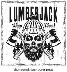 Lumberjack emblem or shirt print with skull in knitted hat and two crossed axes on textured background vector illustration