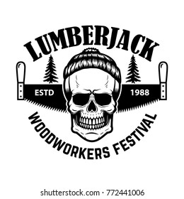 Lumberjack emblem. Skull with hand saw. Design element for logo, label, emblem, sign. Vector illustration
