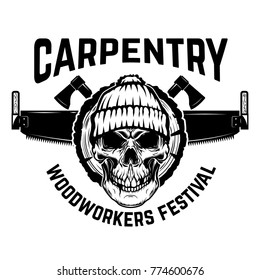 Lumberjack emblem. Skull with hand saw. Design element for logo, label, emblem, sign. Vector illustration