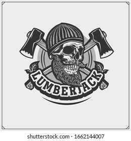 Lumberjack emblem with skull. Vintage style. Print design for t-shirt. 