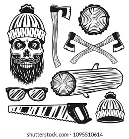 Lumberjack equipment and attributes set of vector objects or design elements isolated on white background