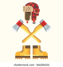 The lumberjack equipment icon set. Vector flat design illustration. Interesting execution and design. Good colors