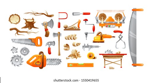 Lumberjack equipment, woodcutter cutting tools set. Carpentry, woodworkers, sawmill, lumberjack hand electric tools cartoon vector illustration